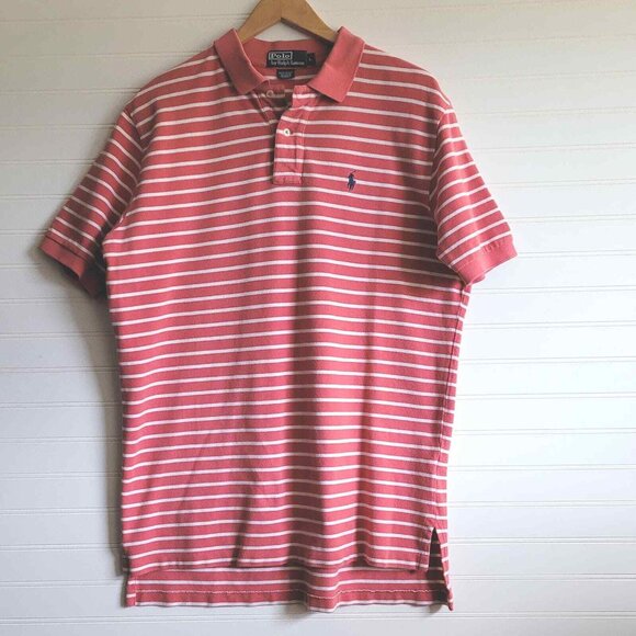 Ralph Lauren Polo Shirt Mens Large Pink and White Stripe Blue Pony Cotton - Picture 1 of 6